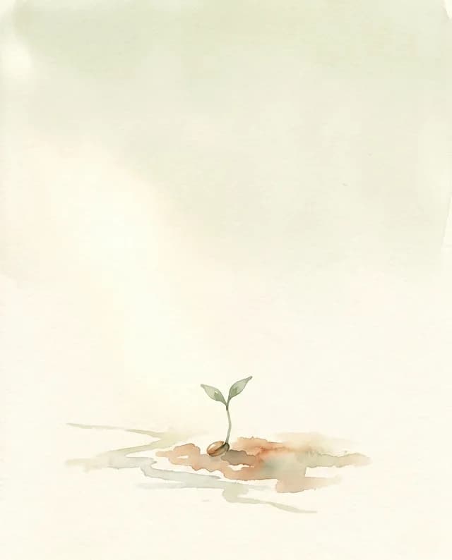 A watercolor tree growing from seed to fruit in morning light