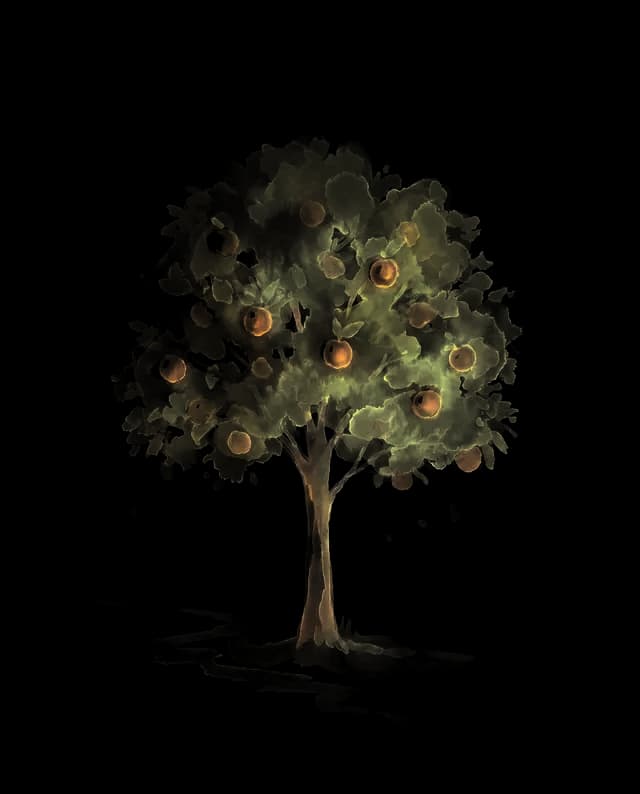 A full watercolor tree heavy with fruit in morning light